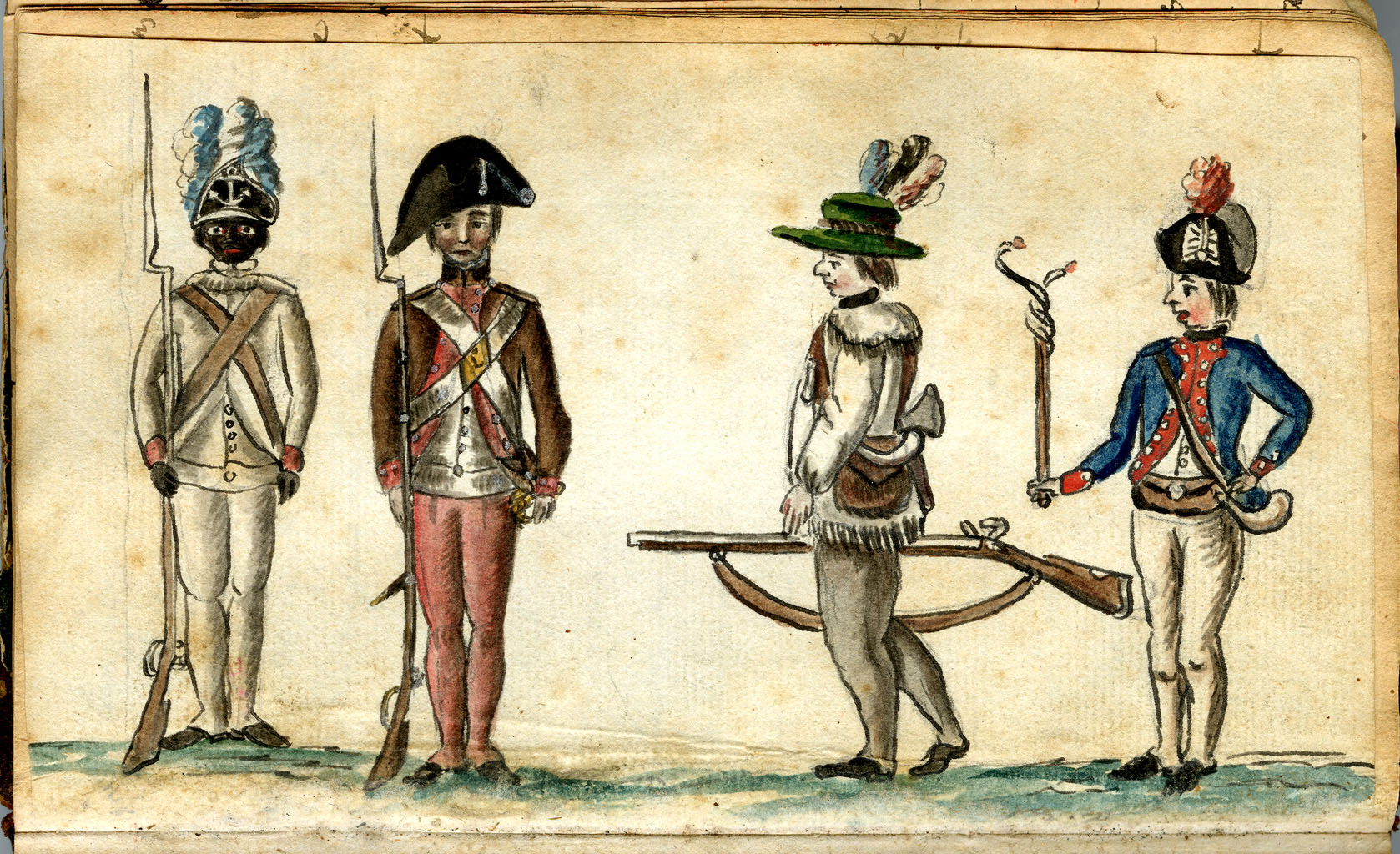 Soldiers in Uniform (1781-1784): This watercolor from the American War of Independence by Jean Baptiste Antoine de Verger (1762-1851) is one of the only known images of an African American soldier dating from that time.